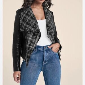 Venus XS black faux leather wool blend plaid black white open front moto jacket